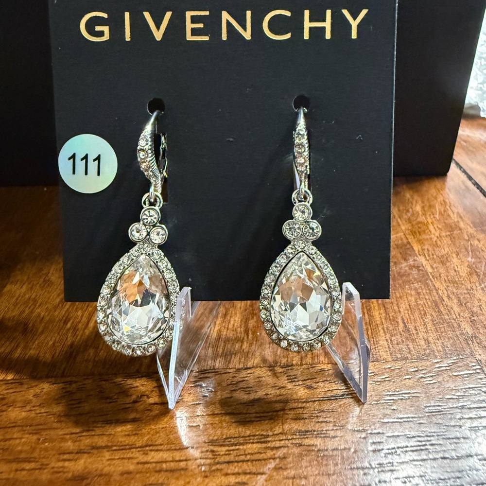 NEW Givenchy Silver Tone Clear Crystal Teardrop Dangle Leverback Earrings